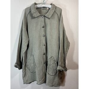 J. Jill M Sage Green Linen Unlined Swing Tunic Jacket Embroidered Legenlook Boho